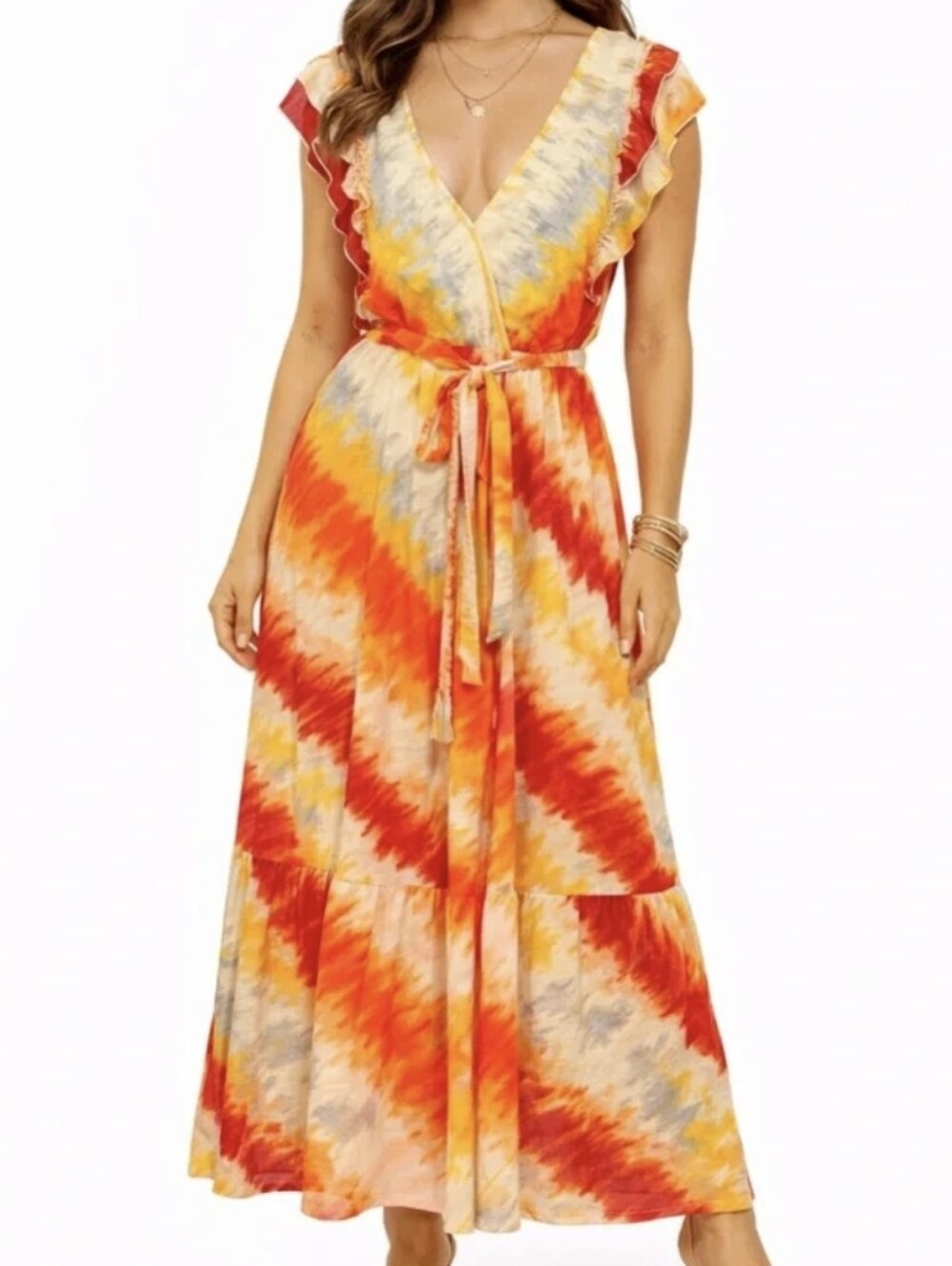 Figueroa & Flower Flutter Sleeve Belted Wrap Maxi Dress in Orange Tie Dye Size M